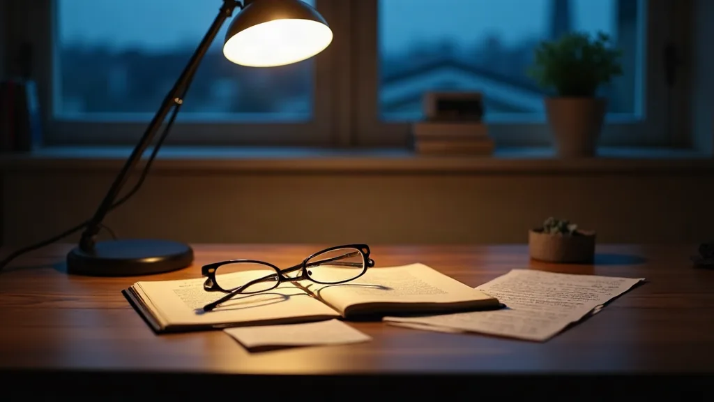 Oreille droite qui siffle : ce que cela signifie vraiment Bureau en soirée avec carnet ouvert et lunettes, ambiance calme et introspective
