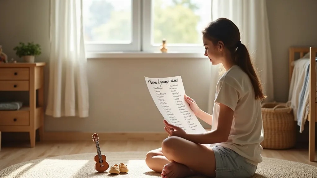 Prénom de gitan : la liste des plus beaux prénoms et ce qu'ils signifient vraiment Jeune mère assise dans une chambre de bébé ensoleillée, entourée d'objets liés au choix d'un prénom