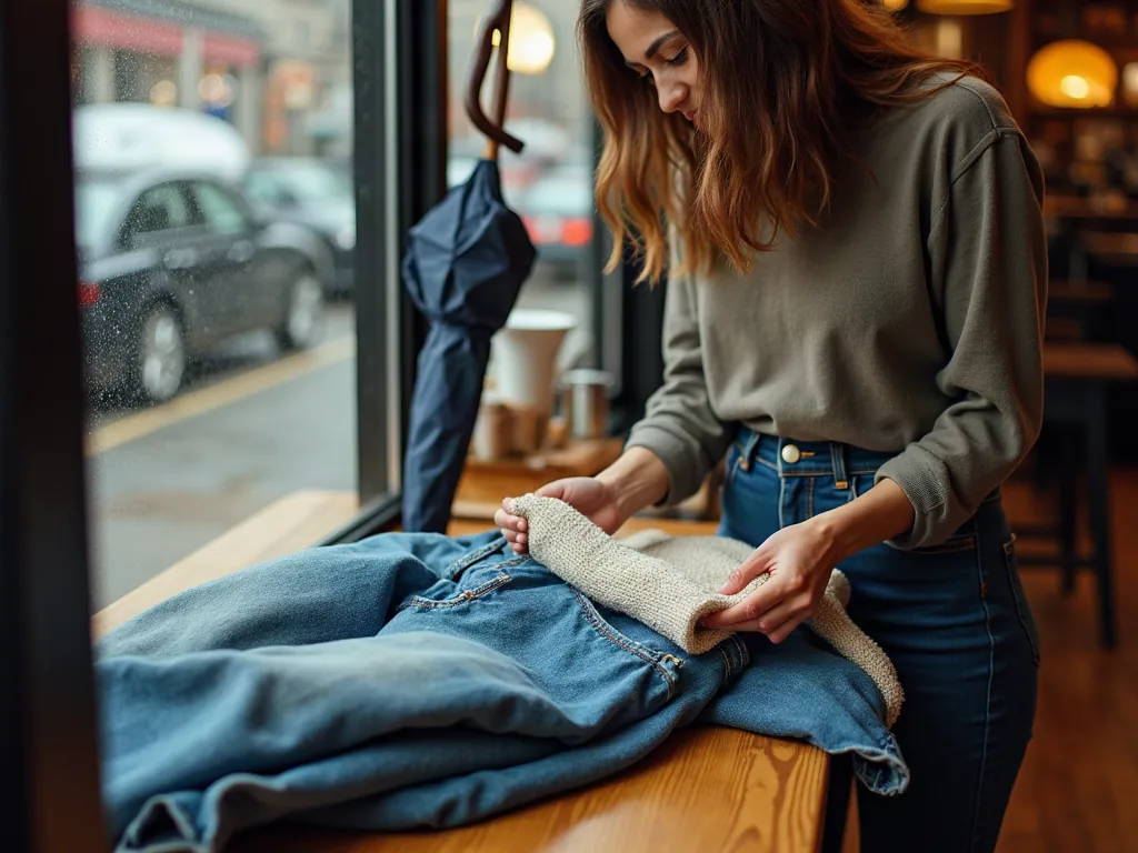 The Kooples taille petit ou grand ? Ce que révèlent vraiment les tailles Comparaison d'un pull en maille fine et d'un jean sur un comptoir de boutique