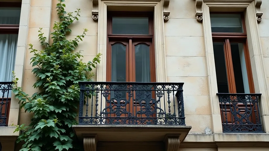 Détail architectural en pierre sculptée et fer forgé sous un ciel couvert