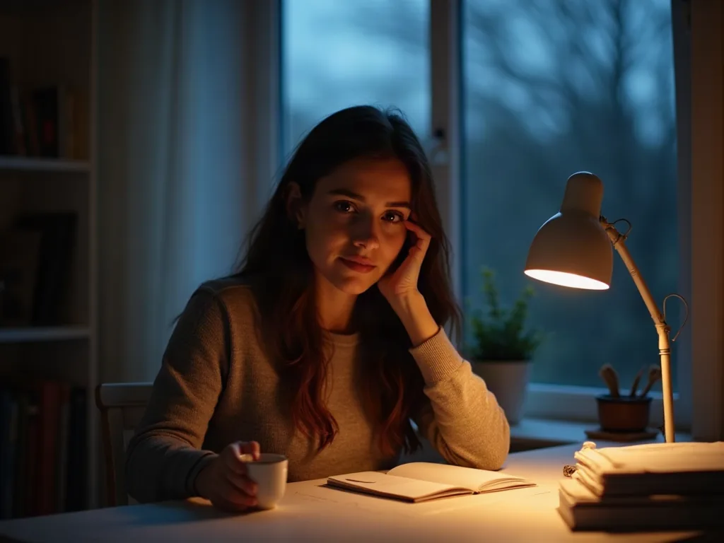 Oreille droite qui siffle : ce que cela signifie vraiment Femme assise à son bureau le soir, main posée près de l'oreille, ambiance calme