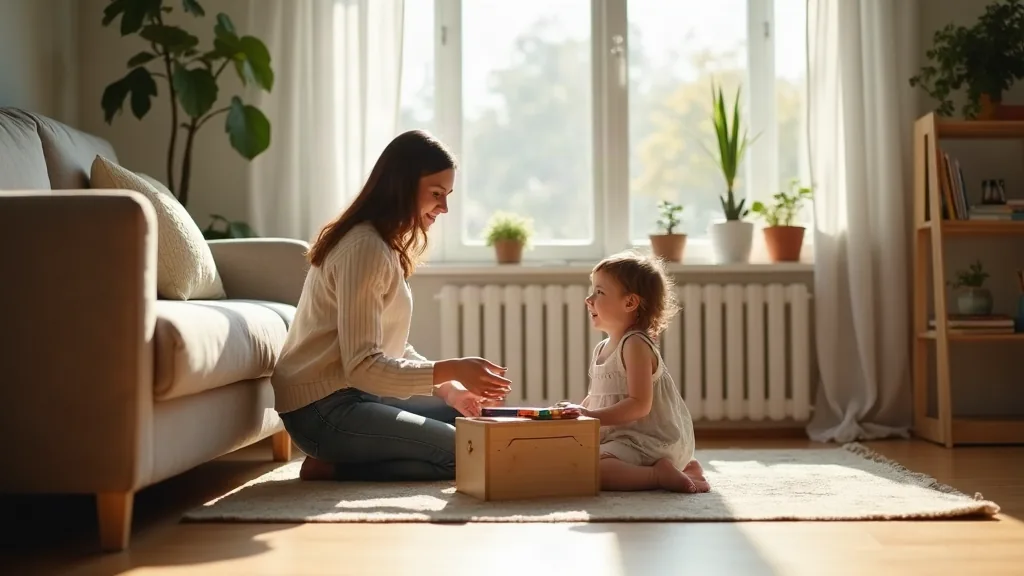 Parent et jeune enfant dans un salon lumineux le matin, entourés de jouets et de livres