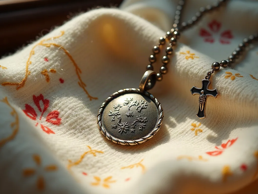 Prénom de gitan : la liste des plus beaux prénoms et ce qu'ils signifient vraiment Médaille ancienne gravée et chapelet posés sur une couverture de bébé brodée, symboles de protection traditionnels
