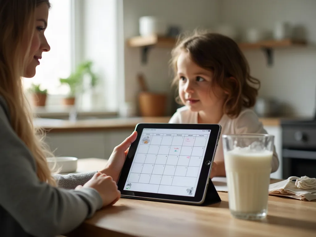 Intervenante de garde d'enfant et enfant autour d'une table de cuisine avec un planning