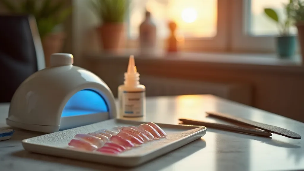 Pose américaine : la technique qui change tout pour vos ongles Poste de travail de manucure avec capsules de gel et lampe UV en fin d'après-midi