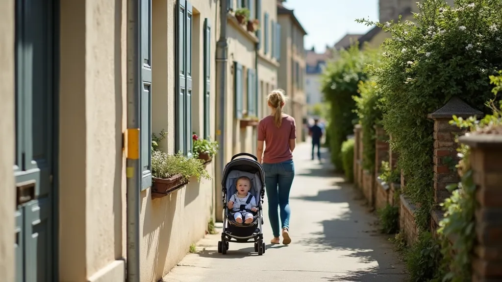 Estimation de la taille adulte à 2 ans : comment l'anticiper sans se tromper Rue résidentielle calme en plein jour avec un parent et son jeune enfant en poussette