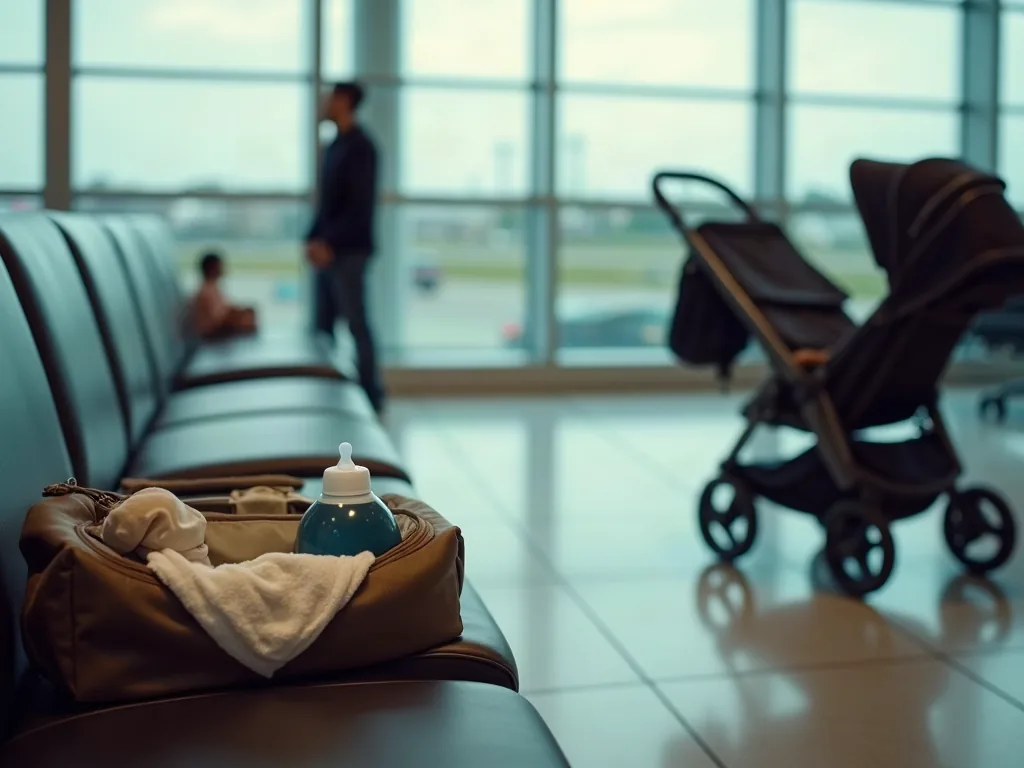 Bébé en avion : le guide complet pour voyager sans stress Sac à langer préparé avec biberon et lange sur un banc d'aéroport avant l'embarquement