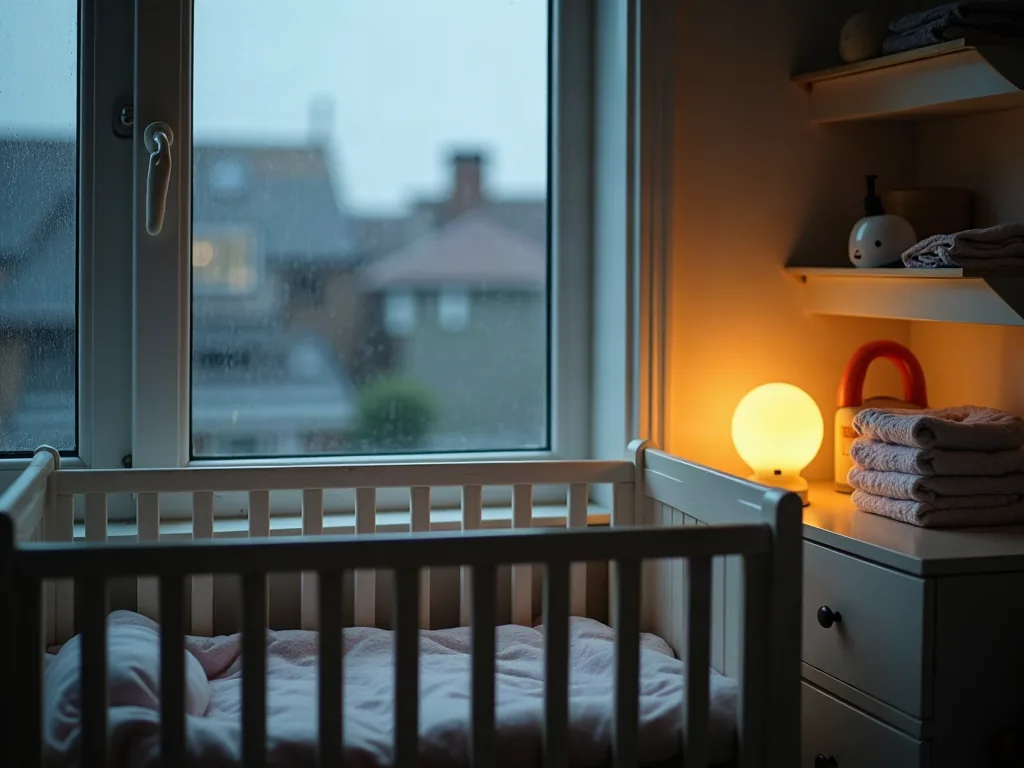 Bébé se réveille en pleurant : pourquoi, et comment l'apaiser vraiment Veilleuse douce dans une chambre de bébé un soir de pluie